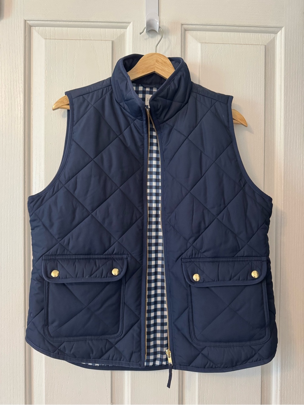 J. Crew Quilted Navy Sleeveless Vest with Gingham Lining